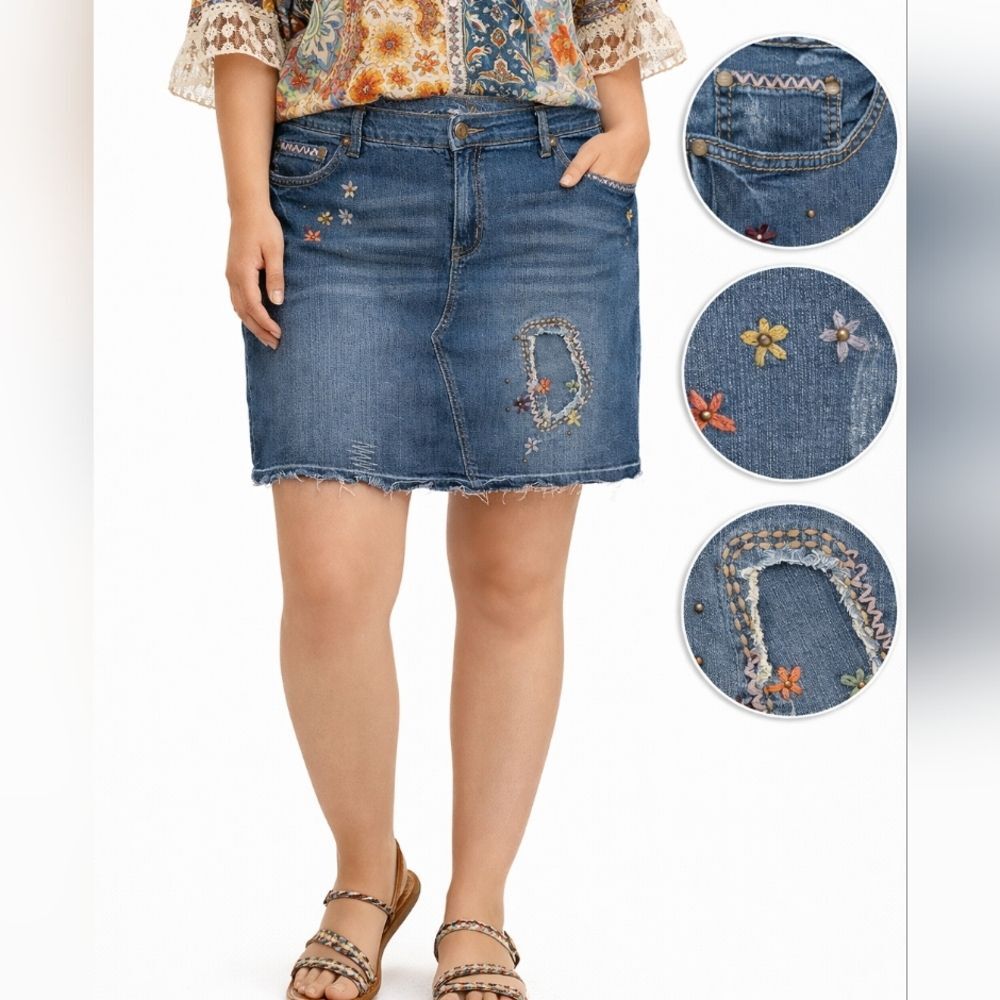 Vintage 90s Avenue Embroidered Denim Skirt Size 18 Plus Boho Peace Sign Festival
